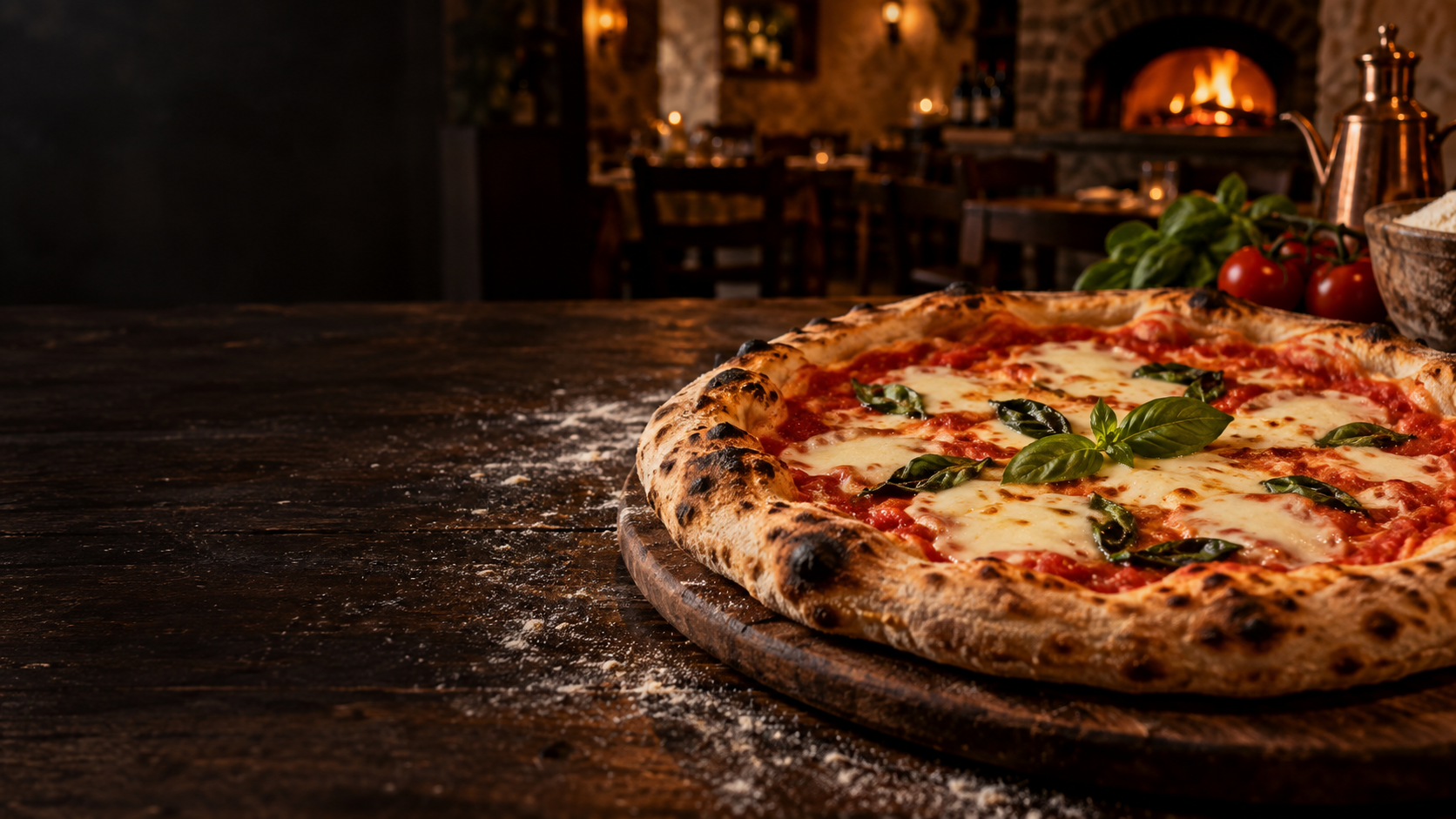 Pizza appena sfornata su un tavolo di legno